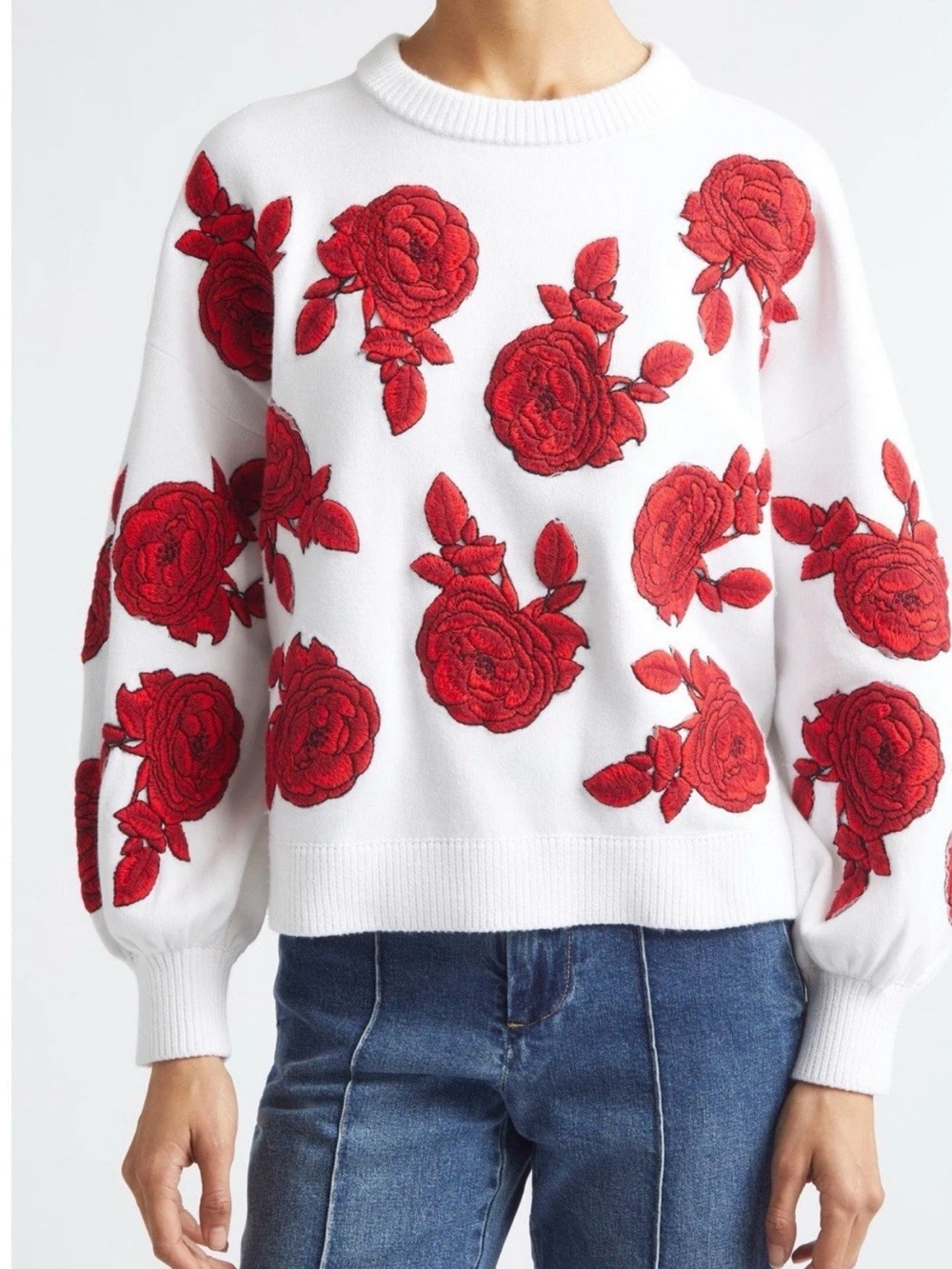 ALICE + OLIVIA Carwen Embroidered Balloon Sleeve Sweater Size L